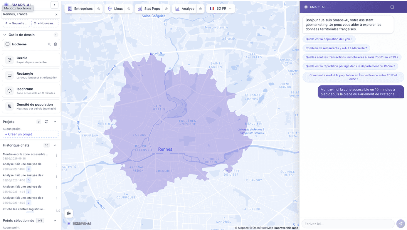 Carte d'isochrone à Rennes pour une étude d'implantation