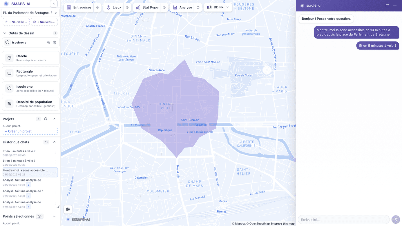 Isochrone cycliste de 5 minutes depuis la place du Parlement de Bretagne à Rennes