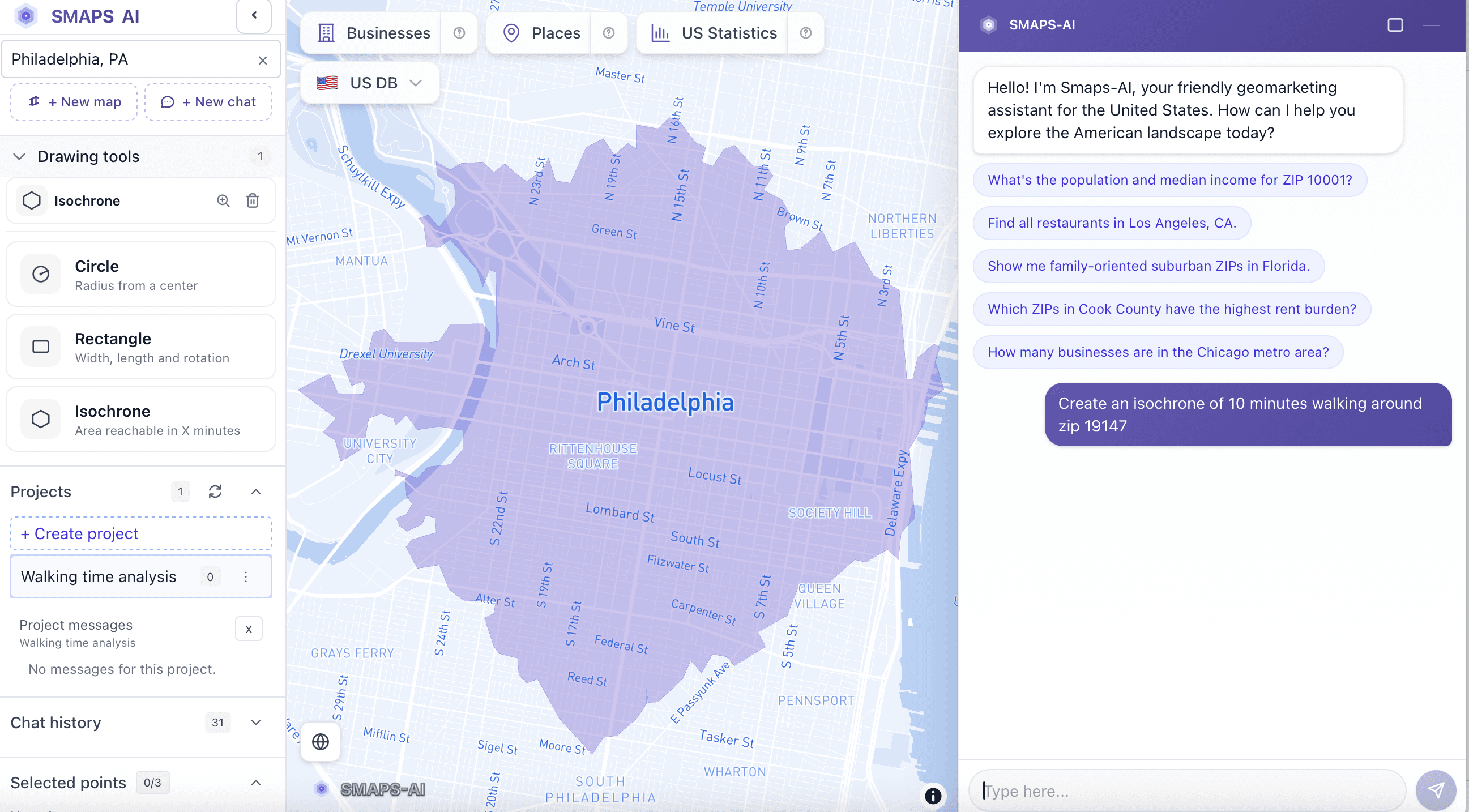 SMAPS-AI mapping hospitals within a 10-minute drive of Cookeville, TN