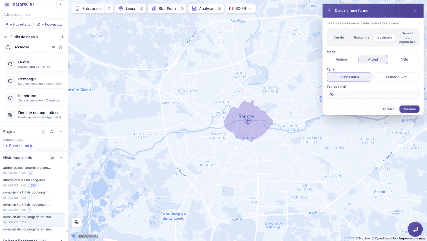 Carte d'isochrone — délimiter sa zone de chalandise pour une étude de marché