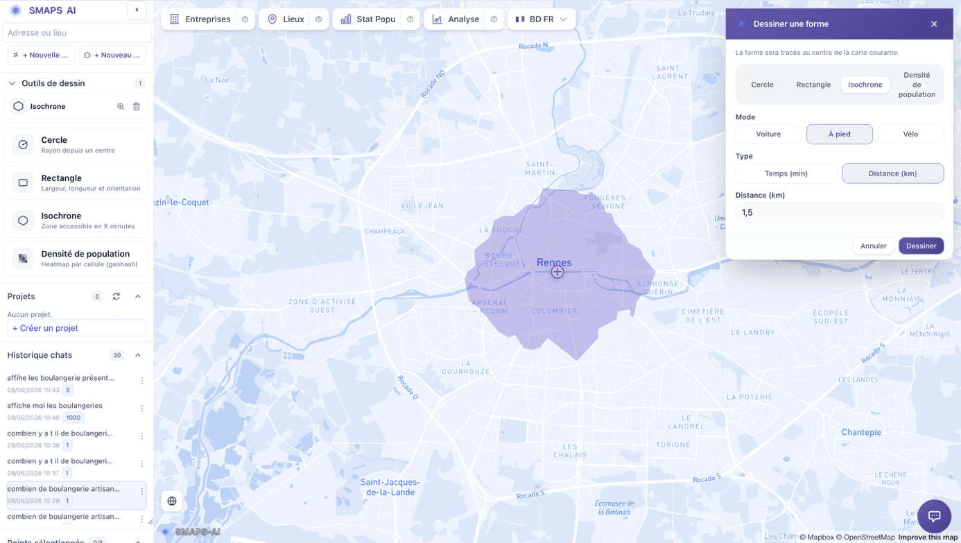 Isodistance de 1,5 km à pied suivant le réseau routier, Rennes